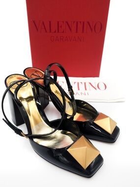 Valentino Garavani Black Patent Leather Ankle Strap Chunky Heel Pumps EU 38